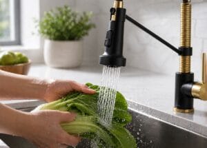 Hands rinsing fresh green vegetables under a stream of water from a stylish black and gold kitchen faucet over a stainless steel sink.