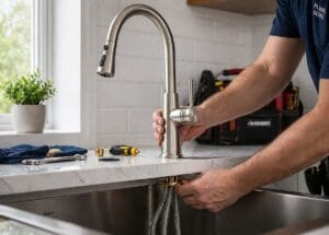 kitchen faucet being installed into a countertop