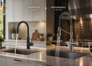 modern kitchen scene showcasing the balance between aesthetics and performance in kitchen faucets, left side featuring a sleek minimalist designer faucet with matte black finish, clean white cabinetry and soft natural lighting, right side featuring a powerful commercial-style pull-down faucet with exposed spring, stainless steel appliances and dramatic task lighting,