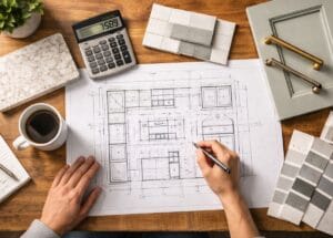 Homeowner reviewing blueprints and calculating their 2026 kitchen renovation cost and ROI