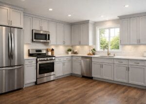 Mid-range kitchen remodel featuring semi-custom cabinets and quartz countertops