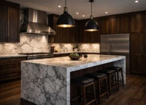Upscale luxury kitchen renovation featuring pro-grade stainless appliances and custom dark walnut cabinetry