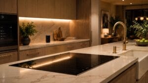 photograph of a modern luxury kitchen showcasing subtle smart technology.