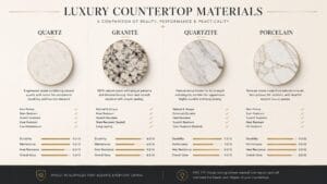 comparison chart graphic focusing on luxury countertop materials.