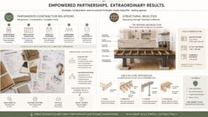Wide architectural infographic illustrating luxury kitchen remodeling collaboration and structural engineering planning, featuring contractor scope-of-work documentation, cabinetry specifications, budgeting visuals, reinforced floor joist diagrams, steel support systems, quartzite island load calculations, and blueprint-style construction details in sophisticated earthy tones.