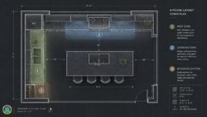 architectural blueprint illustration of a modern kitchen layout.