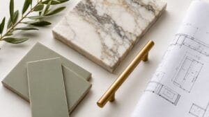a small stack of matte ceramic backsplash tiles in soft sage green, and a blueprint rolled out slightly