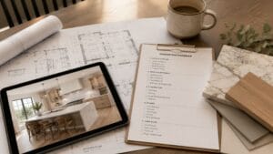 high-angle shot of a home renovation planning process on a clean dining table.