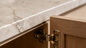 close-up photograph showing the exact moment a beautiful piece of natural stone countertop meets a freshly installed custom kitchen cabinet.