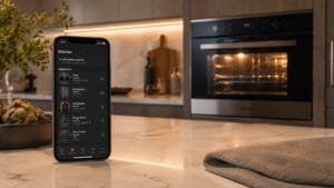 Modern smart kitchen with a smartphone displaying a minimalist appliance health app on a porcelain countertop, while a softly glowing intelligent oven appears blurred in the background.