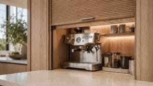 Close-up of a luxury kitchen appliance garage with a ribbed wood tambour door partially open, revealing a stainless steel espresso machine illuminated by warm under-cabinet LED lighting.