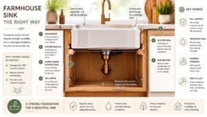 Architectural cross-section illustration of a farmhouse sink installation showing marine-grade plywood cabinet support, silicone sealing, and reinforced base structure in a blueprint-inspired style.