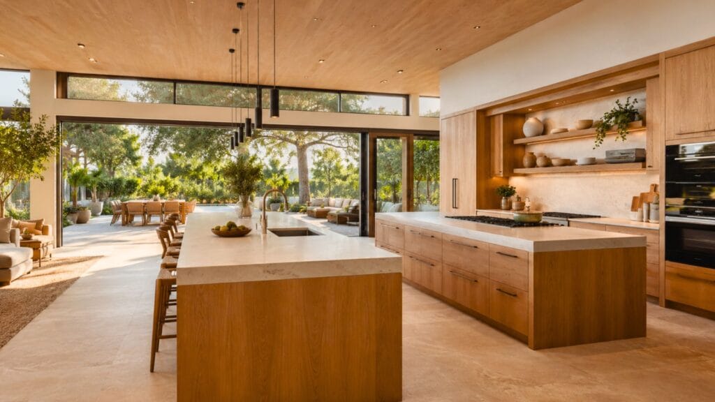Sunlit 2026 modern kitchen with warm white oak double islands, porcelain countertops, flush-mounted appliances, and expansive glass walls opening to an outdoor patio with biophilic landscaping.