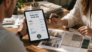 Homeowner and a design contractor reviewing an itemized kitchen remodel budget breakdown on a digital tablet next to a physical material mood board.