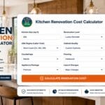 Modern light-filled kitchen background overlaid with a digital user interface card displaying the text Kitchen Renovation Cost Calculator with a budget slider graphic.