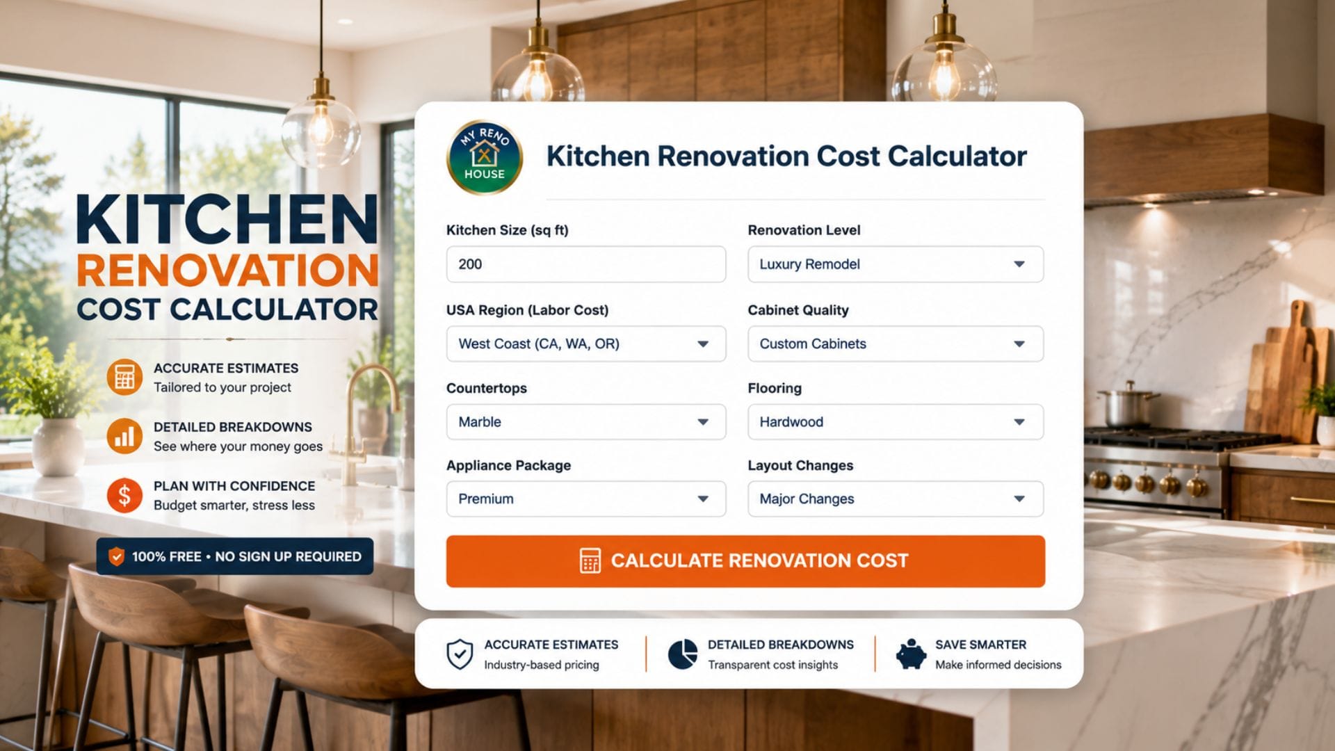 Modern light-filled kitchen background overlaid with a digital user interface card displaying the text Kitchen Renovation Cost Calculator with a budget slider graphic.