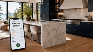 Luxury West Coast kitchen featuring a marble waterfall island, custom navy blue cabinets, and a smartphone displaying a kitchen renovation cost calculation breakdown.