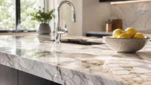 Close-up of a polished Calacatta marble countertop with grey and gold veining under natural window light next to a chrome faucet, showcasing premium kitchen remodel materials.