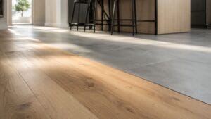 Seamless transition between wide-plank light European oak hardwood flooring and large-format matte grey porcelain kitchen tile in a bright, open-concept home layout.