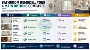 Bathroom remodel options comparison infographic showing costs, speed, and customization