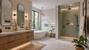Finished 2026 bathroom remodel with large-format porcelain tile, floating vanity, and layered lighting