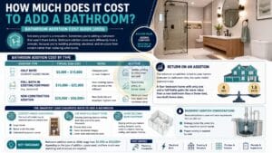 Bathroom addition cost comparison infographic for half baths, full baths, and new additions