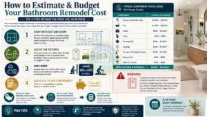Step-by-step bathroom remodel budgeting and cost estimation infographic