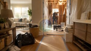 Family home during a bathroom remodel with toiletries, towels, staged materials, and a contained construction area prepared for daily living.