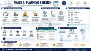 Infographic explaining the bathroom remodel planning and design phase, including budgeting, contractor selection, material lead times, and project scheduling.