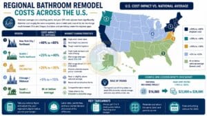 Regional bathroom remodel costs across the United States infographic