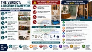 Editorial infographic providing a bathroom remodeling decision framework that helps homeowners determine when to DIY, when to hire licensed professionals, and when a hybrid remodeling approach offers the best balance of safety, cost, and quality.