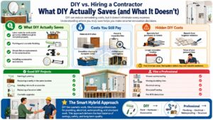 Colorful infographic explaining what DIY bathroom remodeling actually saves, hidden renovation costs, projects homeowners can safely complete, and tasks best left to licensed professionals.